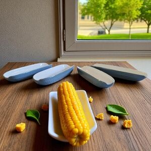 Vtg 4X Corn Cob Plates Saucers Holders Ceramic Dusty Blue